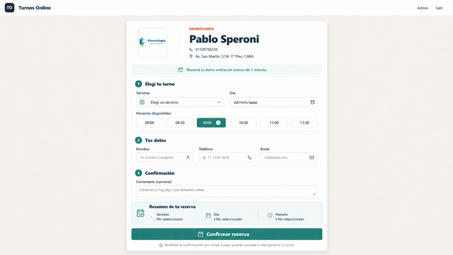 Formulario de reserva de Turnos Online